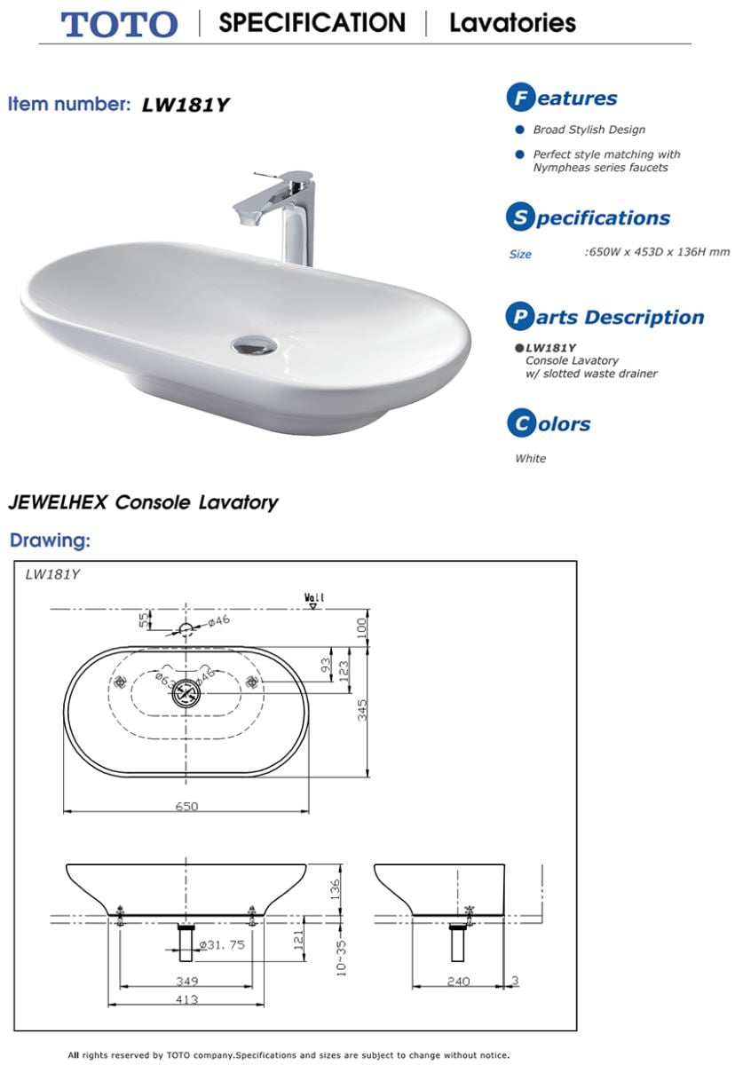 Chậu rửa đặt bàn TOTO LW181Y bản vẽ kỹ thuật