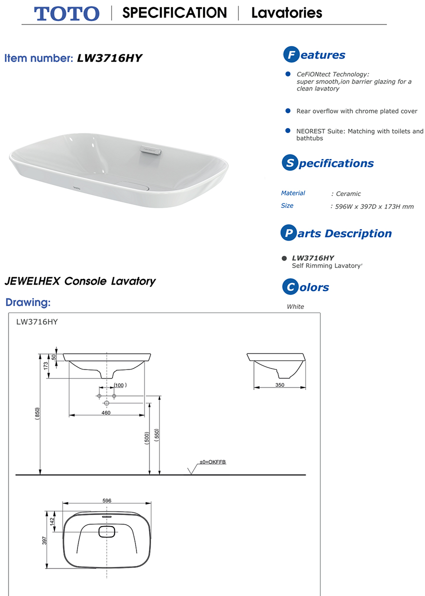 Chậu rửa đặt bàn TOTO LW3716HY bản vẽ kỹ thuật