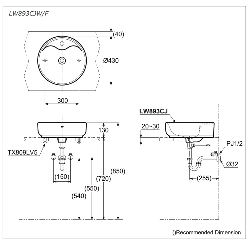 Chậu rửa bán âm bàn TOTO LW893CJW/F bản vẽ kỹ thuật