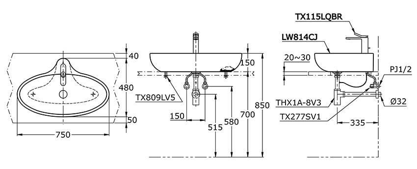 Bản vẽ kỹ thuật Chậu rửa đặt bàn TOTO LW814CJW/F Bản vẽ kỹ thuật Chậu rửa đặt bàn TOTO LW814CJW/F