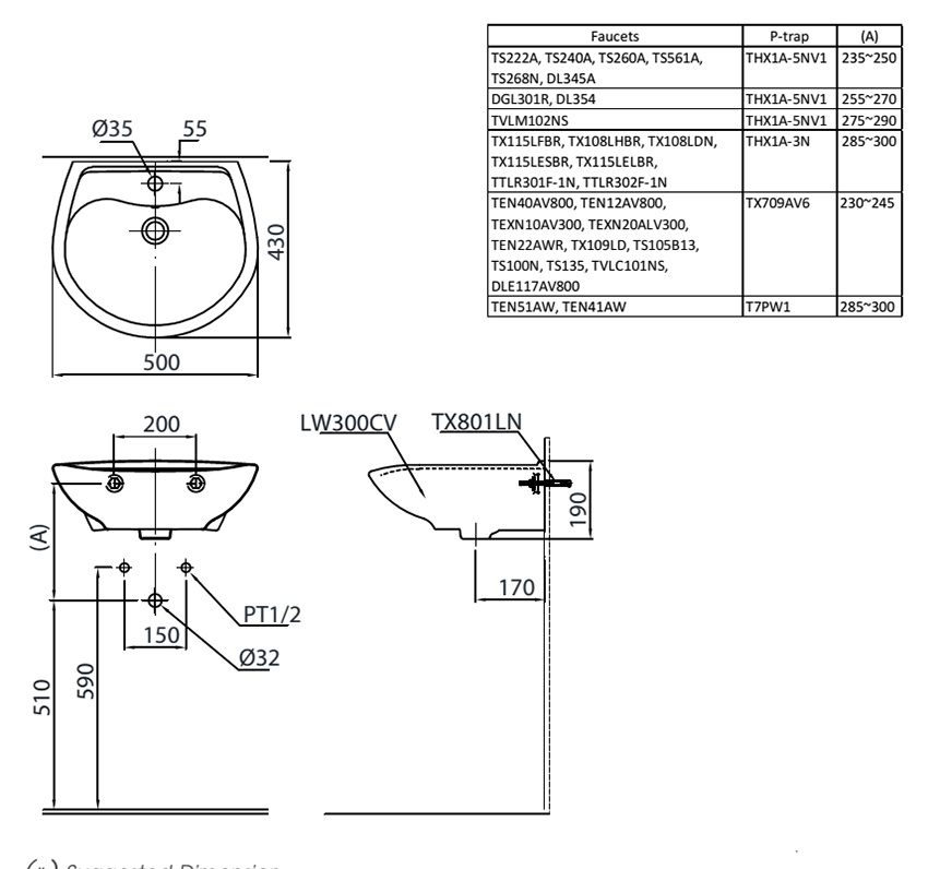 Chậu rửa treo tường TOTO LT300CM bản vẽ kỹ thuật Chậu rửa treo tường TOTO LT300CM bản vẽ kỹ thuật