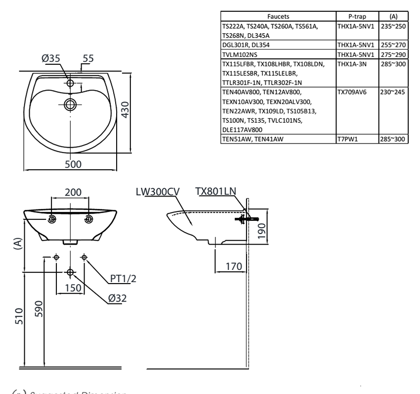 Chậu rửa treo tường TOTO LT300CM bản vẽ kỹ thuật