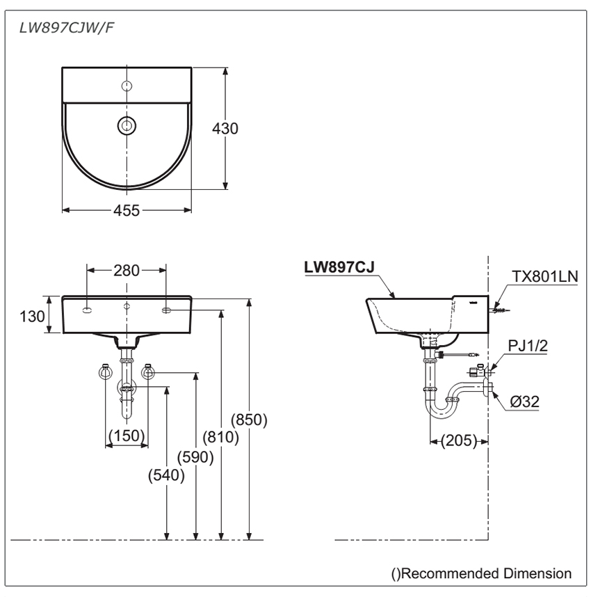 Chậu rửa treo tường TOTO LW897CJW/F bản vẽ kỹ thuật Chậu rửa treo tường TOTO LW897CJW/F bản vẽ kỹ thuật
