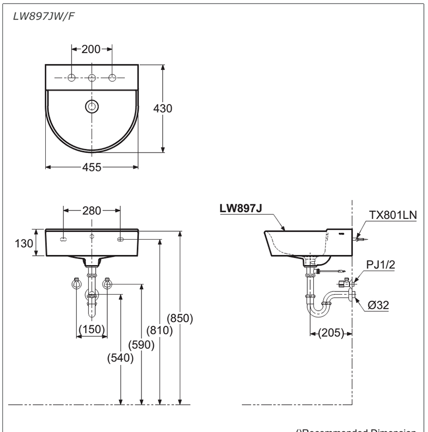 Chậu rửa treo tường TOTO LW897JW/F bản vẽ kỹ thuật