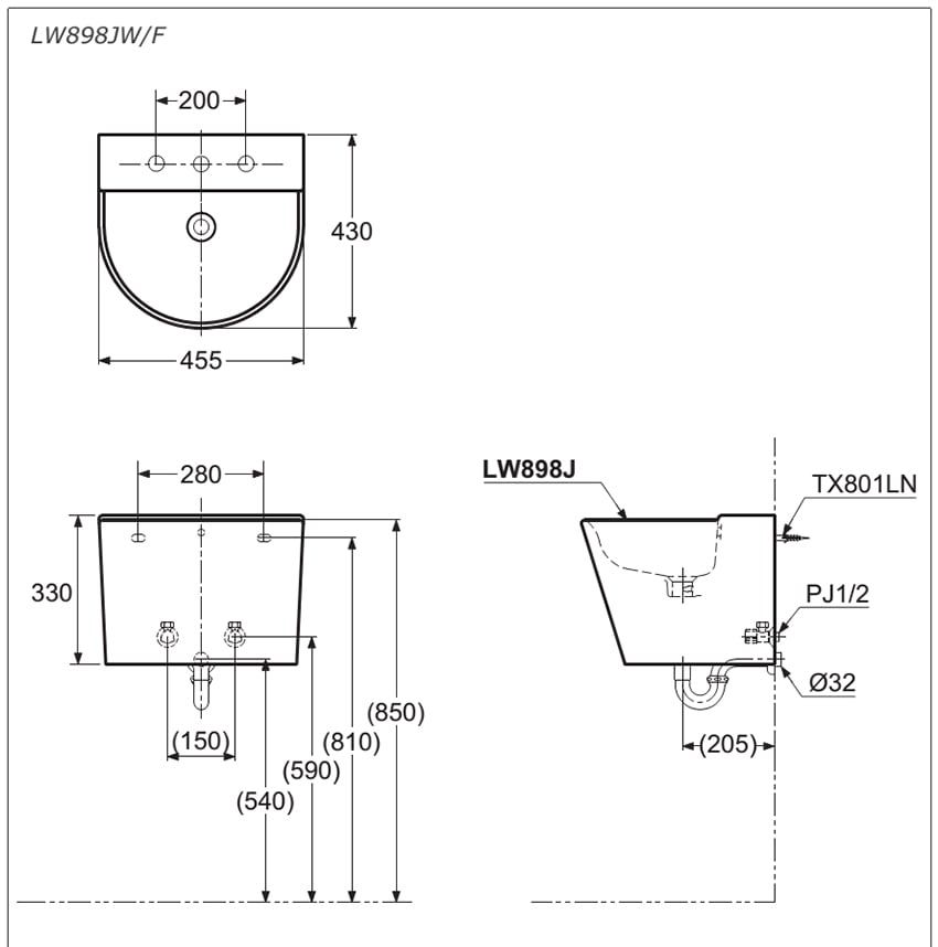 Chậu rửa treo tường TOTO LW898JW/F bản vẽ kỹ thuật