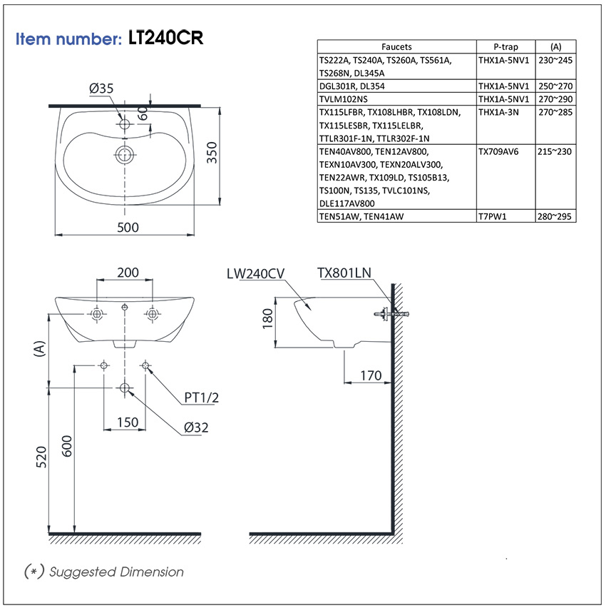 Chậu rửa treo tường TOTO LT240CR bản vẽ kỹ thuật