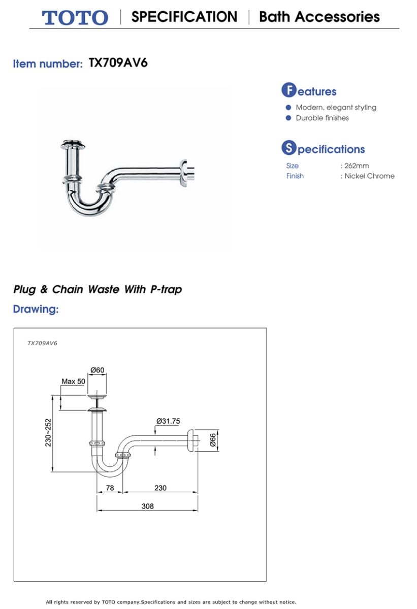 Ống thải TOTO chữ P kèm cổ thoát vòi TX709AV6 bản vẽ kỹ thuật