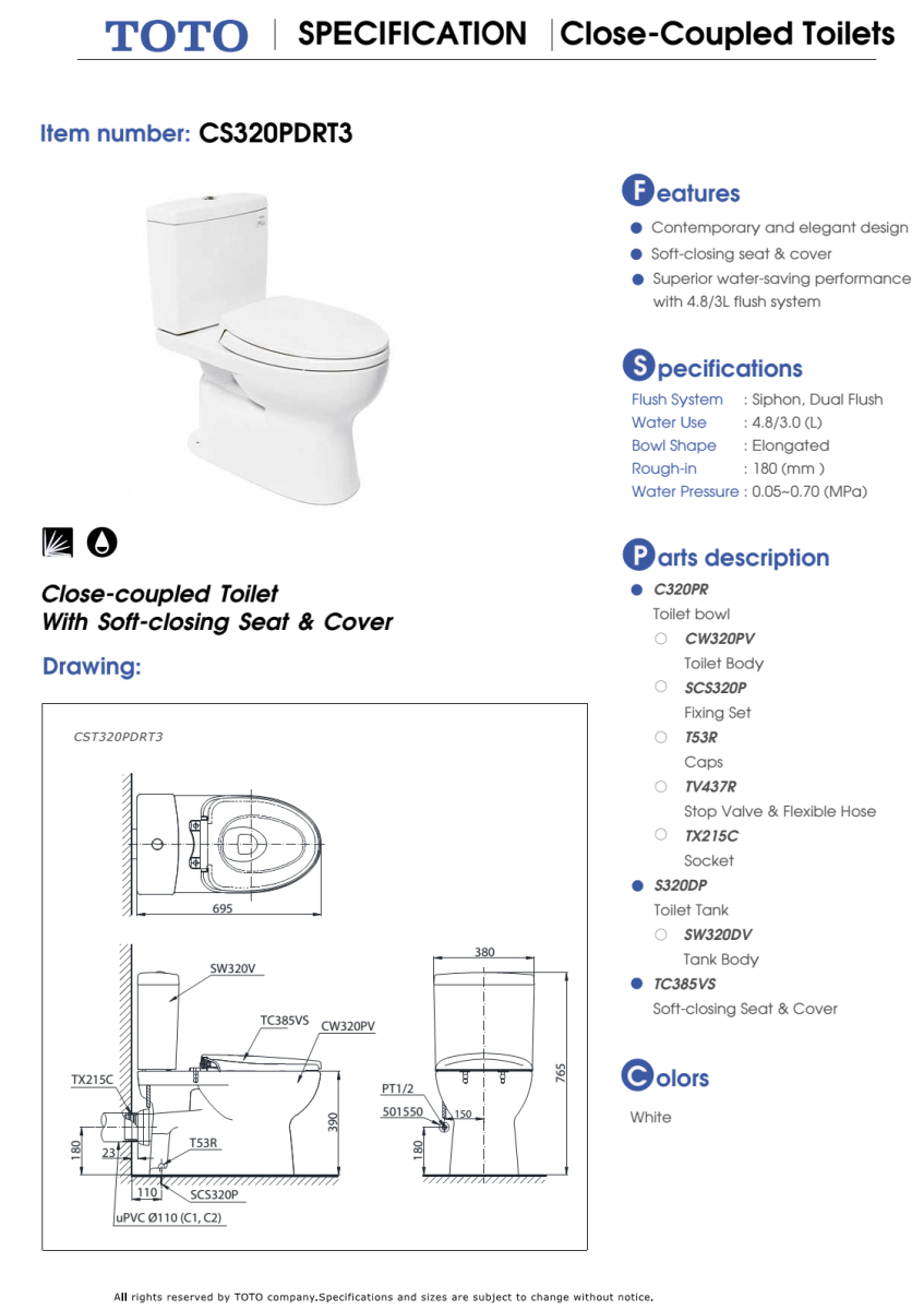 Bản vẽ kỹ thuật Bàn cầu TOTO 2 khối CS320PDRT3 (CST320DPS1)