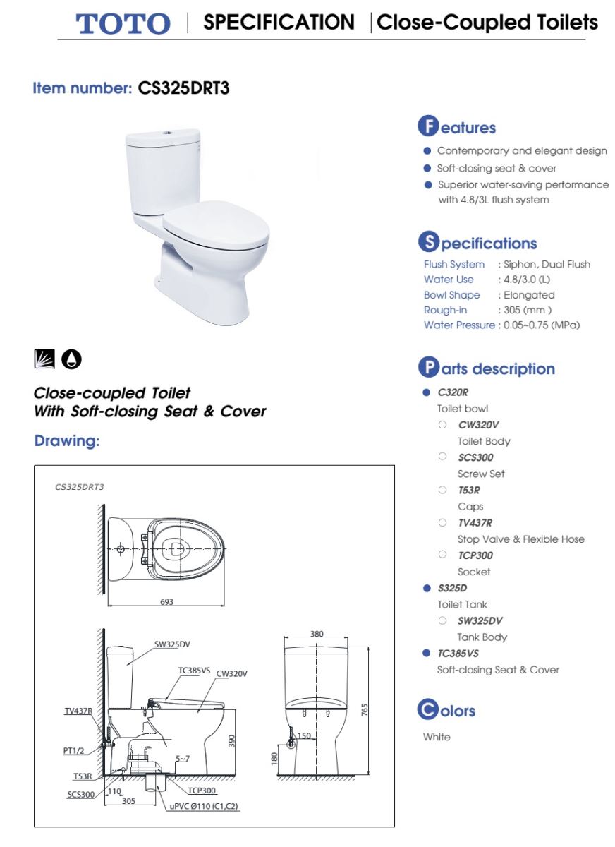 Bản vẽ kỹ thuật Bàn cầu TOTO 2 khối CS325DRT3(CST325DS)