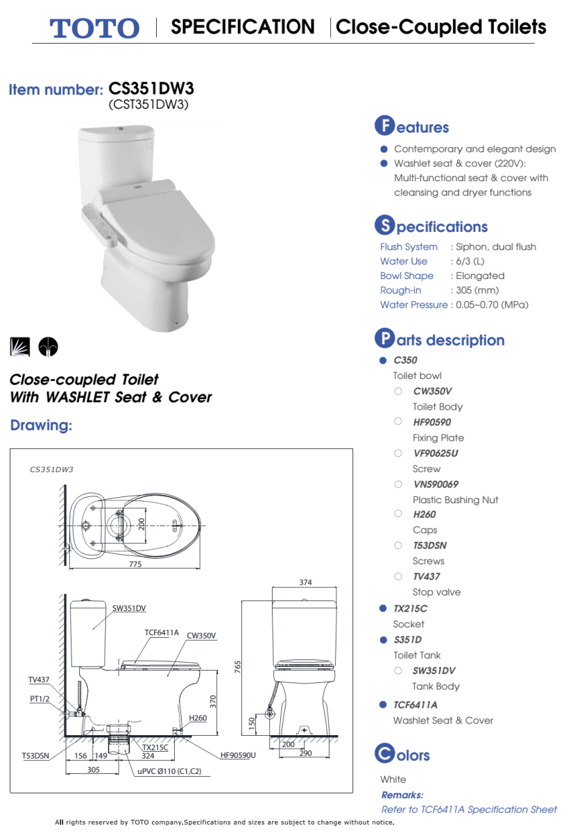 Bàn cầu TOTO nắp rửa WASHLET CS351DW3 (CST351DW3) bản vẽ kỹ thuật