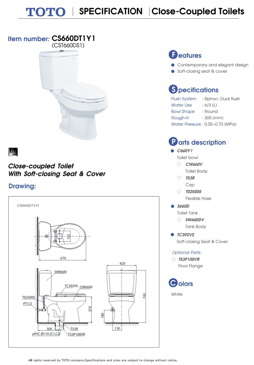 bản vẽ kỹ thuật Bàn cầu TOTO 2 khối CS660DT1Y1 (CST660DS1)