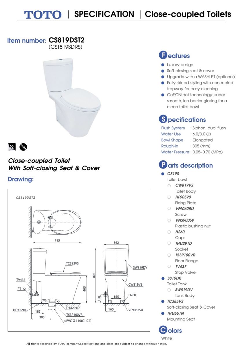 Bản vẽ kỹ thuật Bàn cầu TOTO 2 khối CS819DST2 (CST819SDRS)