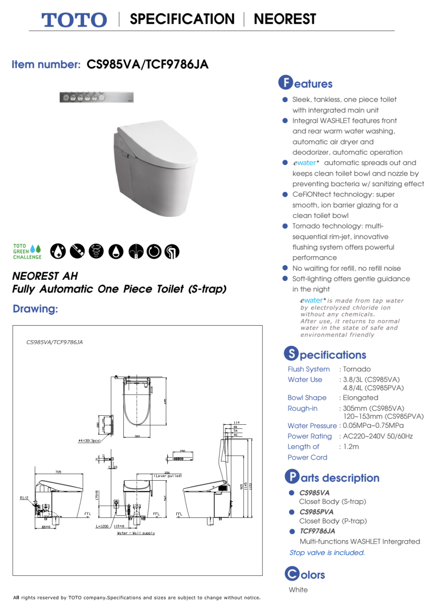 Bàn cầu TOTO 1 khối CS985PVA BẢN VẼ KỸ THUẬT