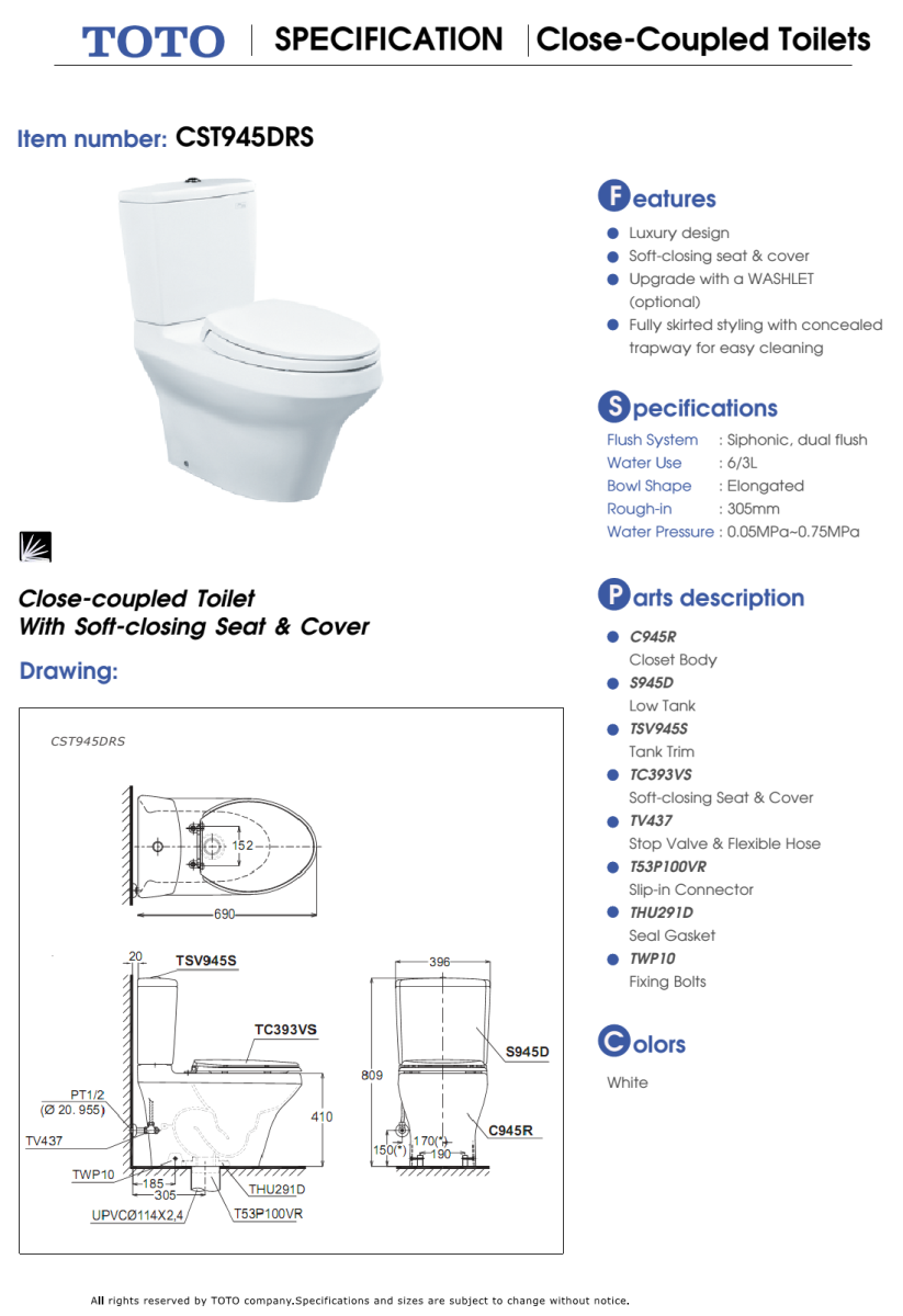 Bàn cầu TOTO 2 khối CS945DNT2 (CST945RDRS) BẢN VẼ KỸ THUẬT Bàn cầu TOTO 2 khối CS945DNT2 (CST945RDRS) BẢN VẼ KỸ THUẬT