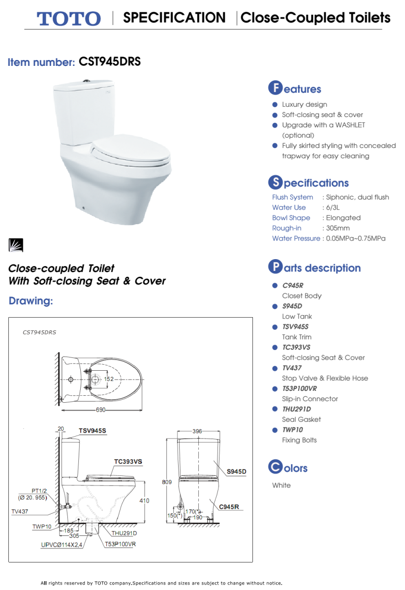 Bàn cầu TOTO 2 khối CS945DNT2 (CST945RDRS) BẢN VẼ KỸ THUẬT