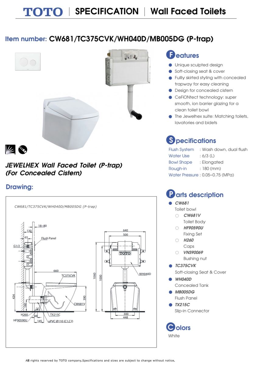 Bàn cầu treo tường TOTO CW681/TX215/CTC375CVK BẢN VẼ KỸ THUẬT