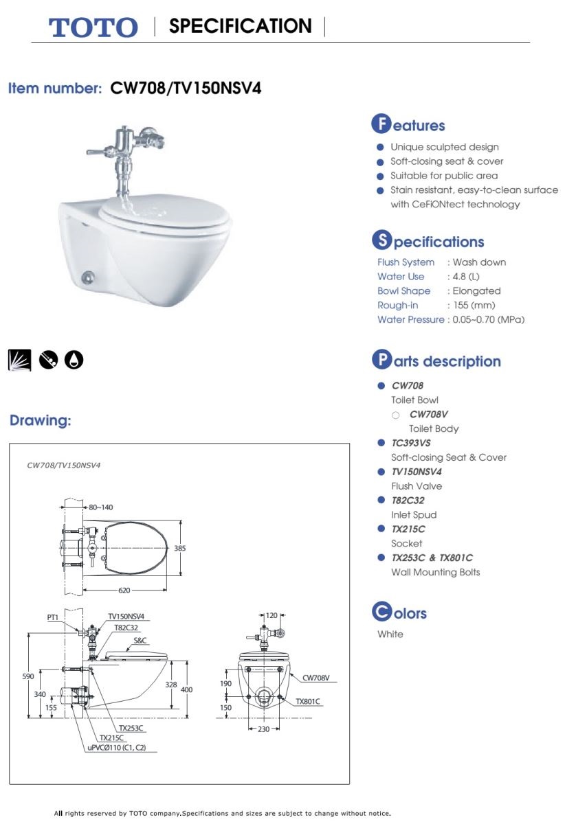 Bàn cầu đơn TOTO CW708 bản vẽ kỹ thuật