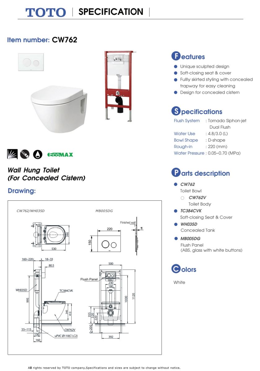 Bàn cầu treo tường TOTO CW762/TC384CVK BẢN VẼ KỸ THUẬT