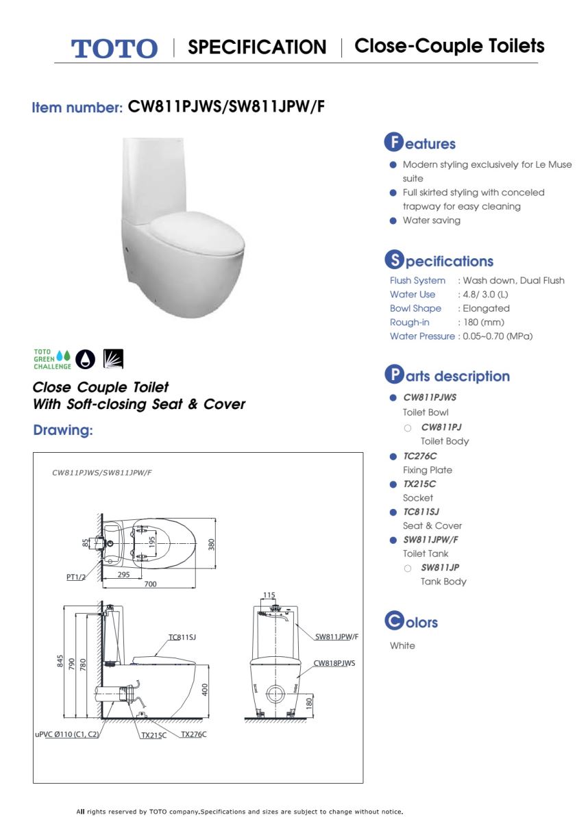 Bản vẽ kỹ thuật Bàn cầu toto 2 khối CW811PJWS/SW811JPW/F//THX919