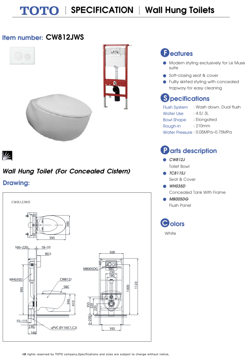 Bàn cầu treo tường TOTO CW812JWS BẢN VẼ KỸ THUẬT