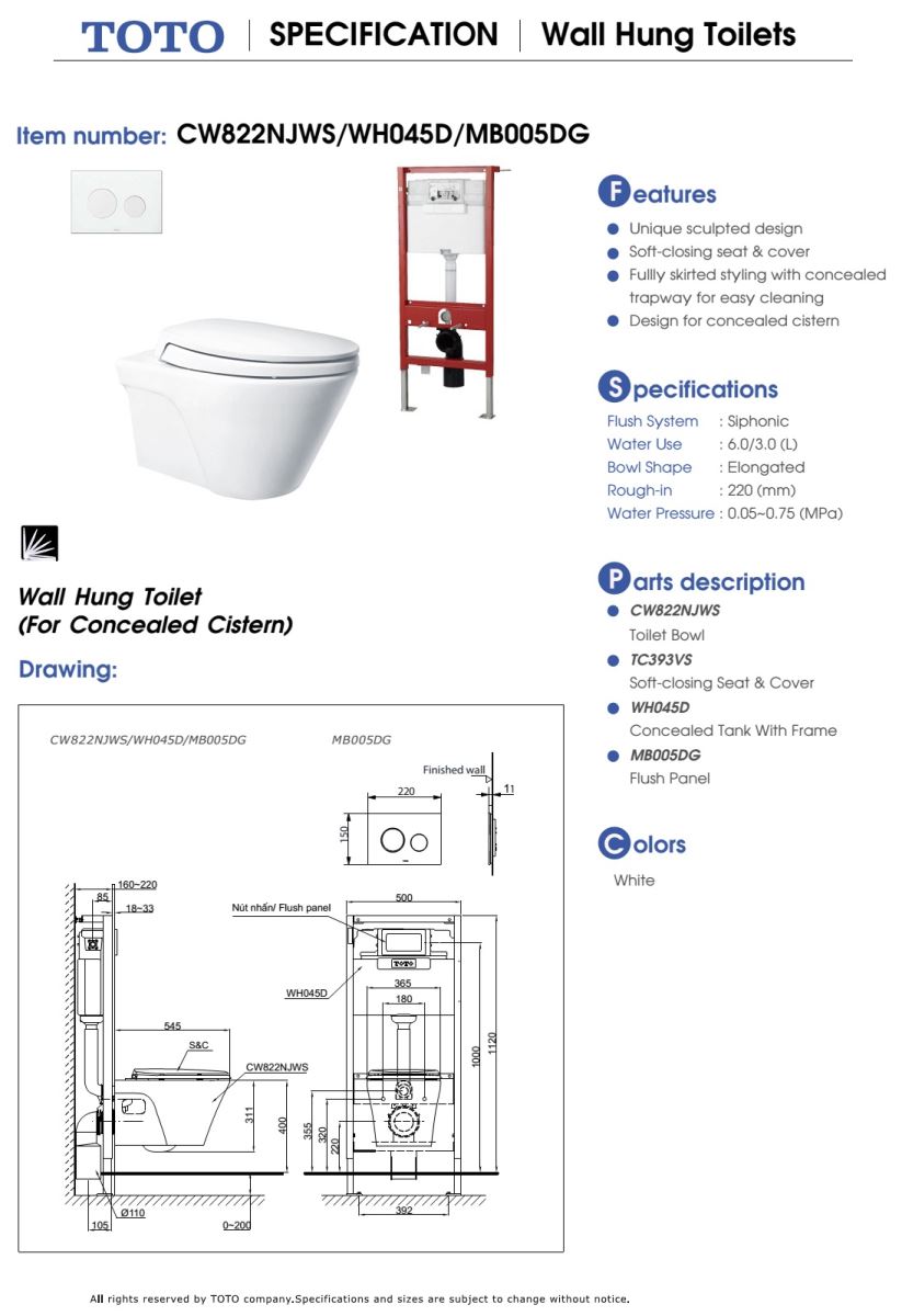 Bàn cầu treo tường TOTO CW822NJWS/TC393VS bản vẽ kỹ thuật