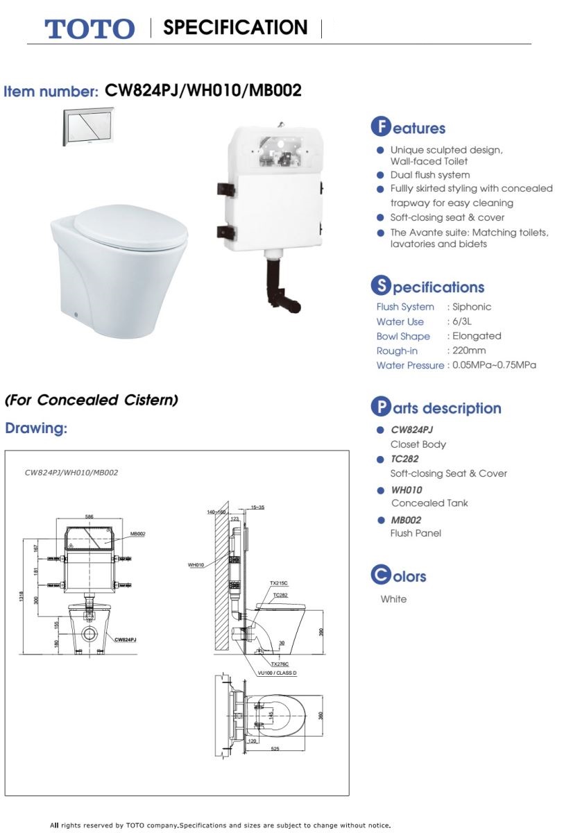 Bàn cầu đơn TOTO CW824PJ BẢN VẼ KỸ THUẬT