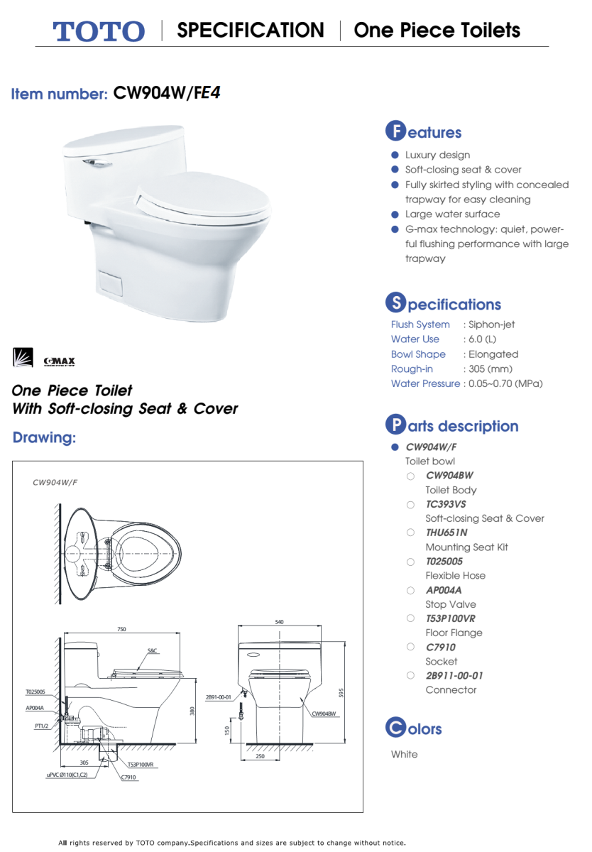  Bàn cầu TOTO nắp rửa ECO - WASHER CW904W/FE4 BẢN VẼ KỸ THUẬT