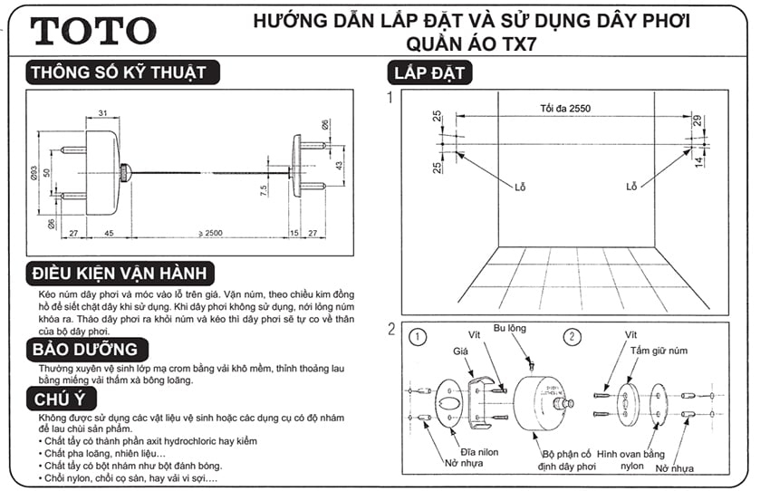 Dây phơi phòng tắm TOTO TX7 hướng dẫn sử dụng