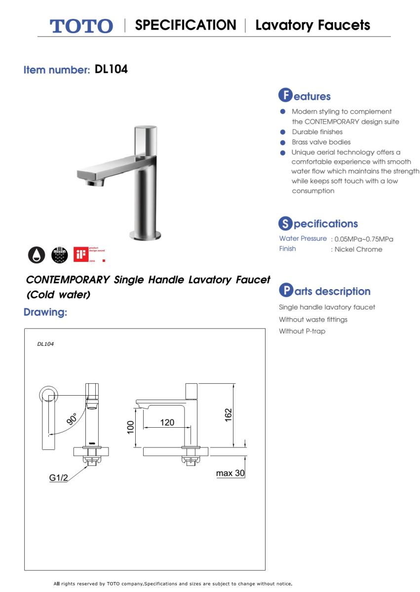 Bản vẽ kỹ thuật Vòi chậu nóng lạnh TOTO DL104