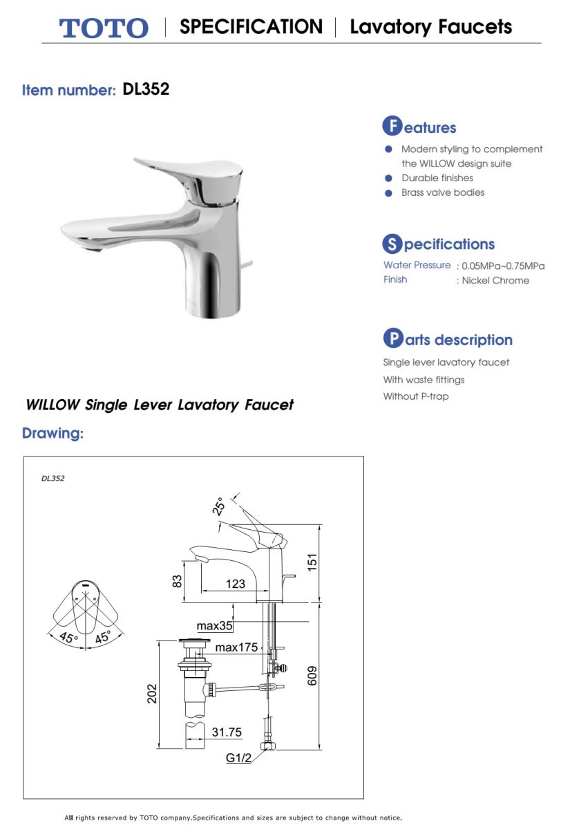 Bản vẽ kỹ thuật Vòi chậu nóng lạnh TOTO DL352