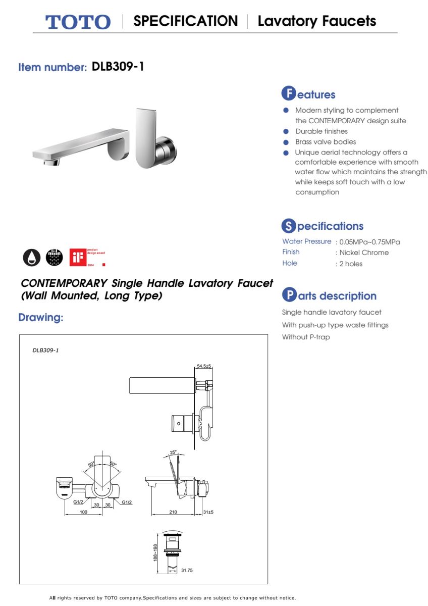 Bản vẽ kỹ thuật Vòi chậu nóng lạnh TOTO DLB309-1