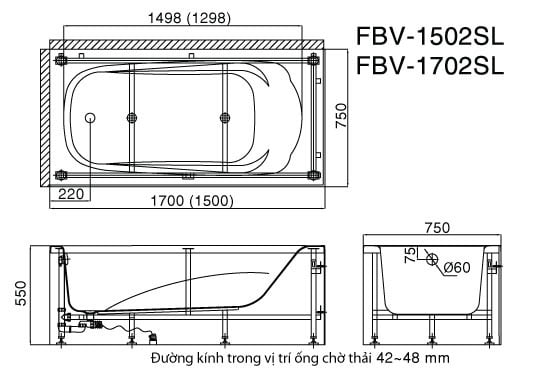 Thông số kỹ thuật Bồn tắm yếm INAX FBV-1502SL