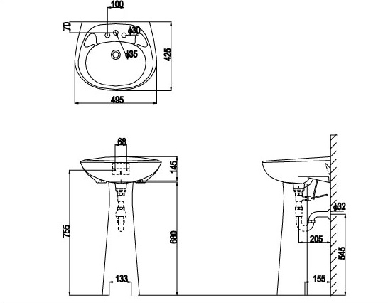 Bản vẽ kỹ thuật sản phẩm Chậu và chân chậu inax L-284V & L-284VD