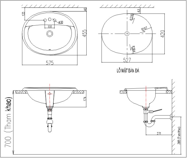 Bản vẽ kỹ thuật Chậu rửa lavabo Inax L-2395V