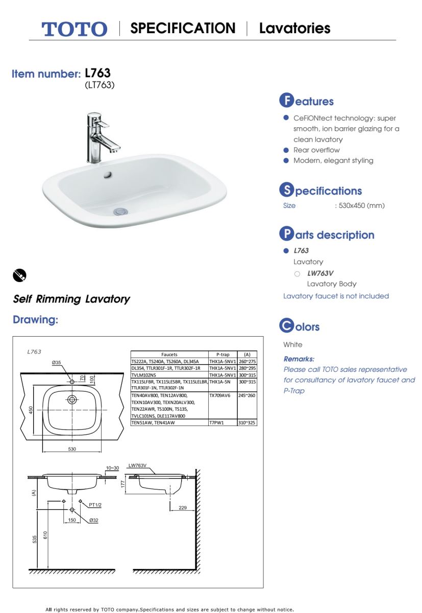Chậu đặt dương vành TOTO L763 (LT763) bản vẽ kỹ thuật