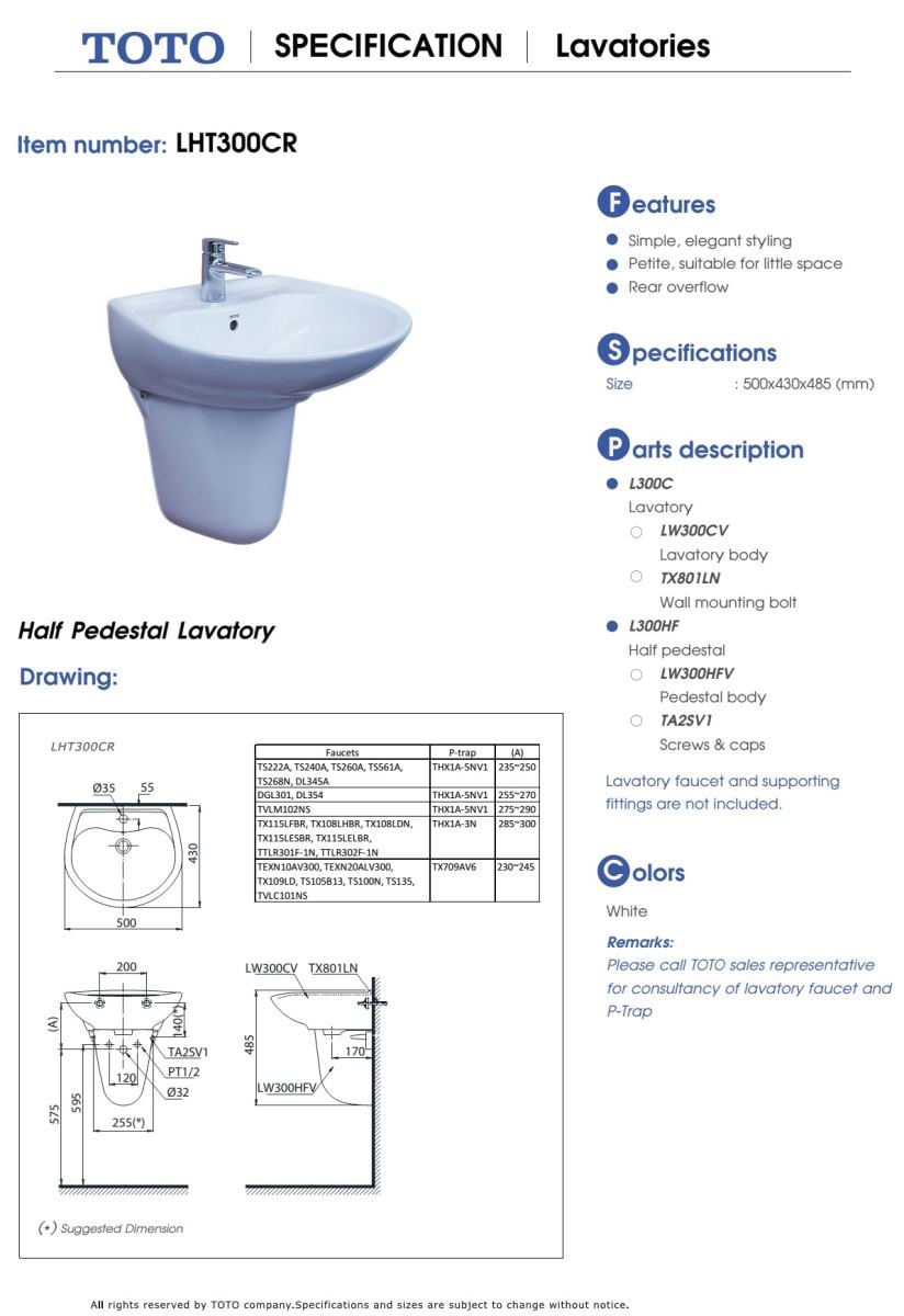 Chậu rửa chân lửng TOTO LHT300CR bản vẽ kỹ thuật