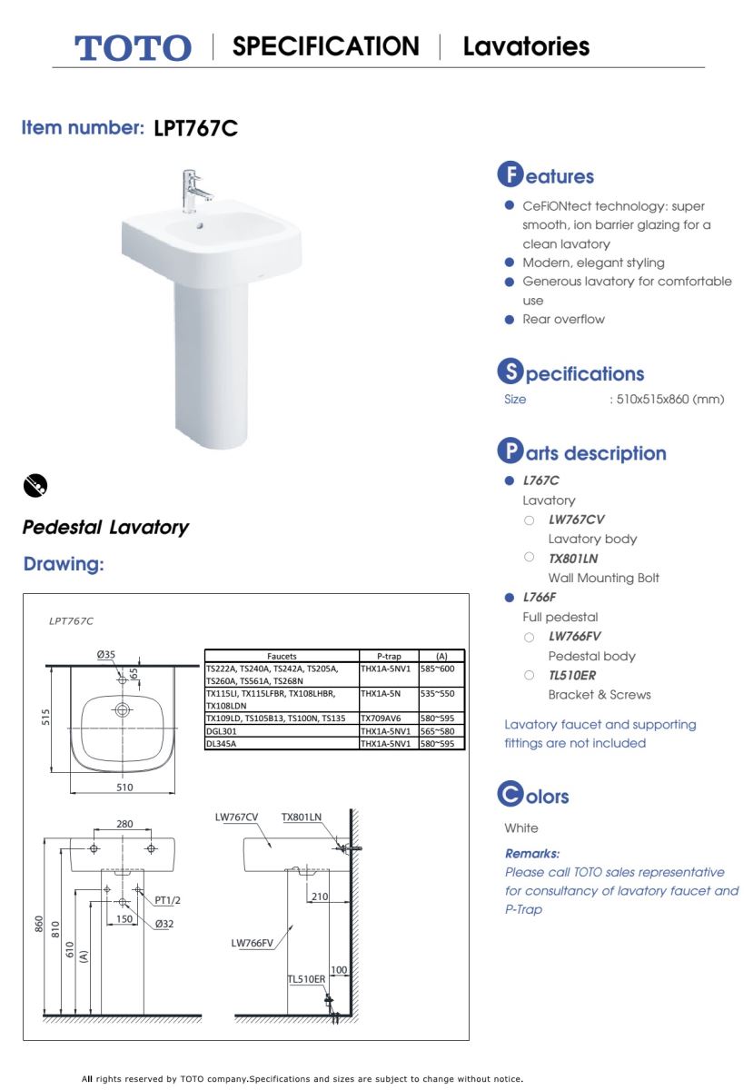 Chậu chân dài TOTO LPT767C bản vẽ kỹ thuật