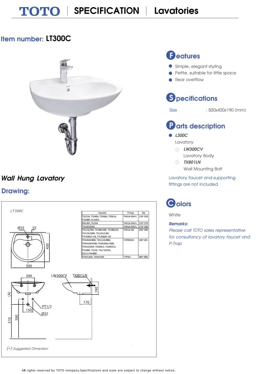 Chậu rửa treo tường TOTO LT300C bản vẽ kỹ thuật