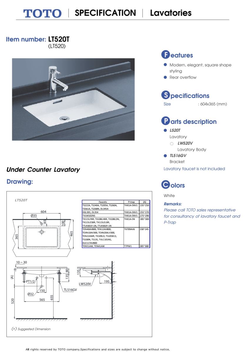 Chậu đặt âm bàn TOTO LT520T (LT520)  bản vẽ kỹ thuật