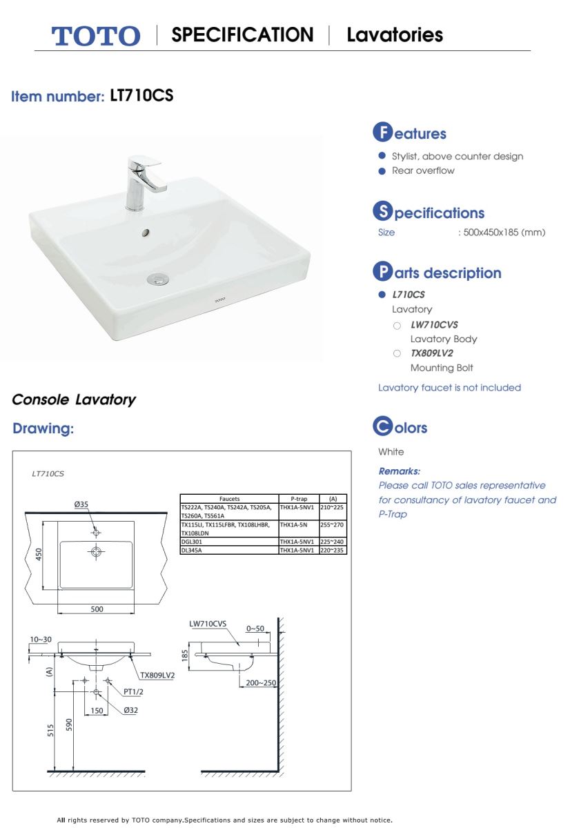 Chậu rửa đặt bàn TOTO LT710CS bản vẽ kỹ thuật