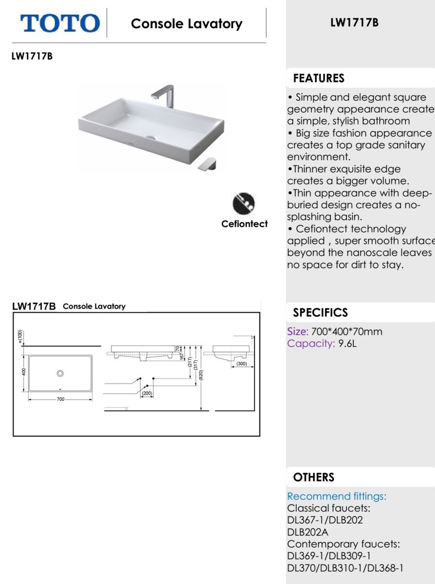 Chậu rửa đặt bàn TOTO LW1717B bản vẽ kỹ thuật