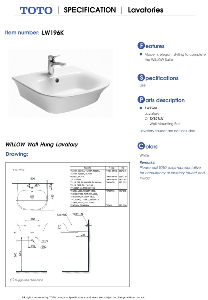 Chậu rửa treo tường TOTO LW196K bản vẽ kỹ thuật
