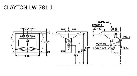 Chậu đặt dương vành TOTO LW781CJ bản vẽ kỹ thuật