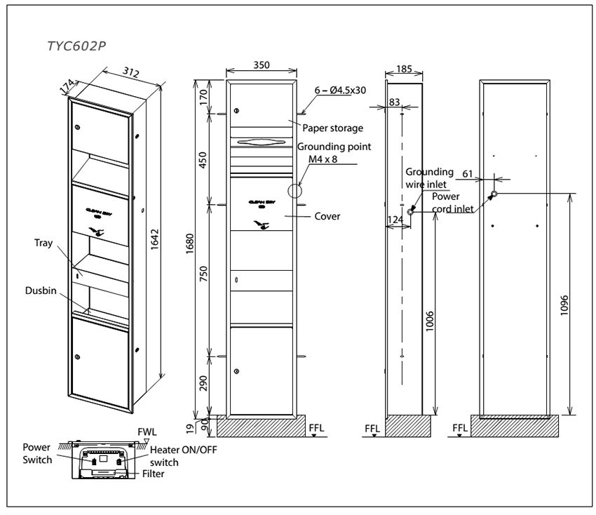 Máy sấy tay TOTO TYC602P bản vẽ kỹ thuật