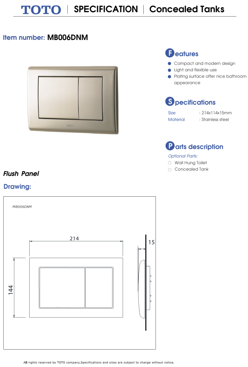 Nắp đậy nút nhấn xả TOTO MB006DNM bản vẽ kỹ thuật