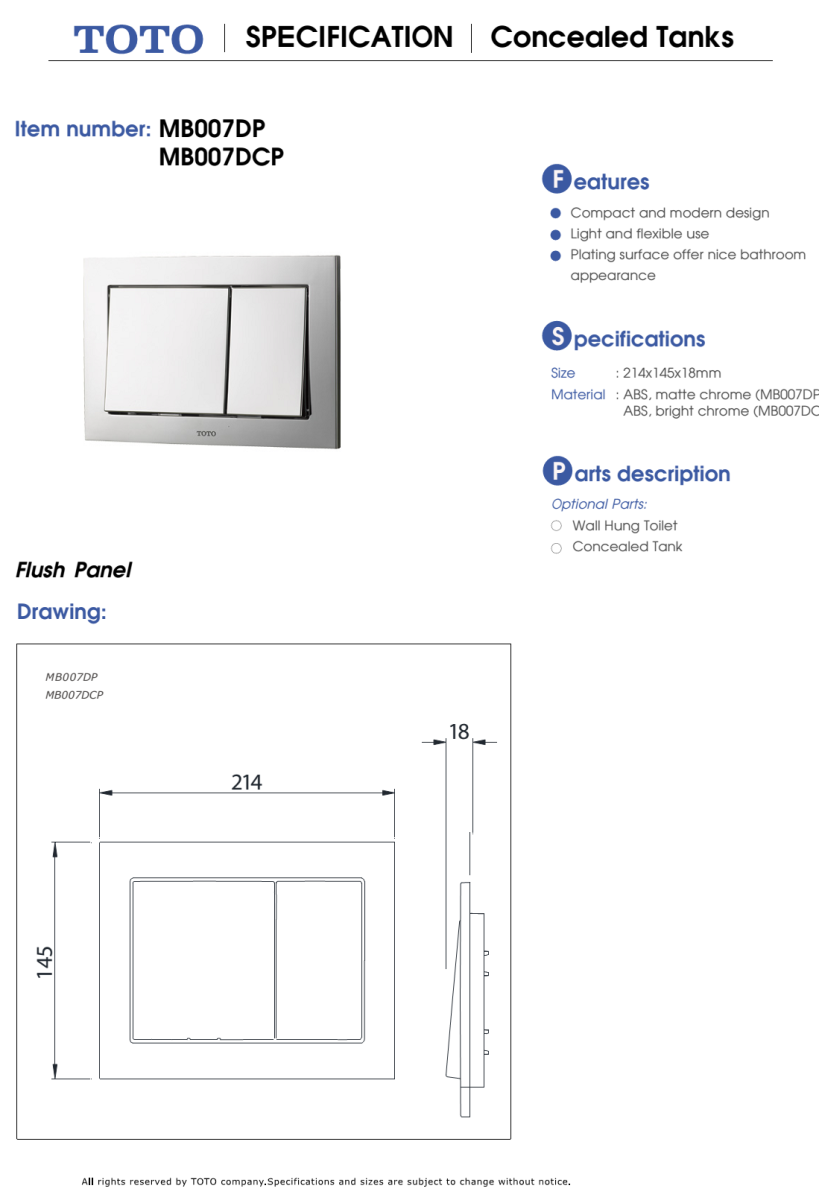 Bộ xả âm tường toto MB007DP BẢN VẼ KỸ THUẬT