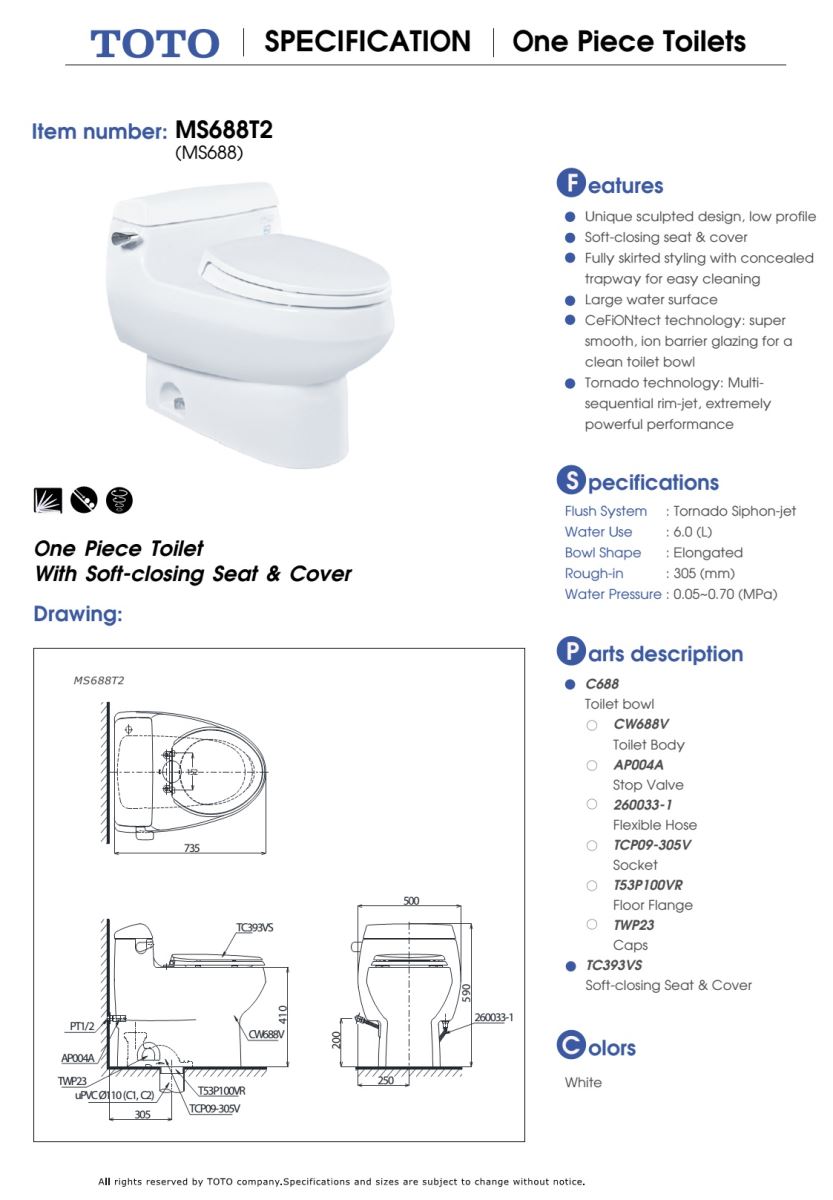 Bản vẽ kỹ thuật Bàn cầu TOTO 1 khối MS688T2 (MS688)