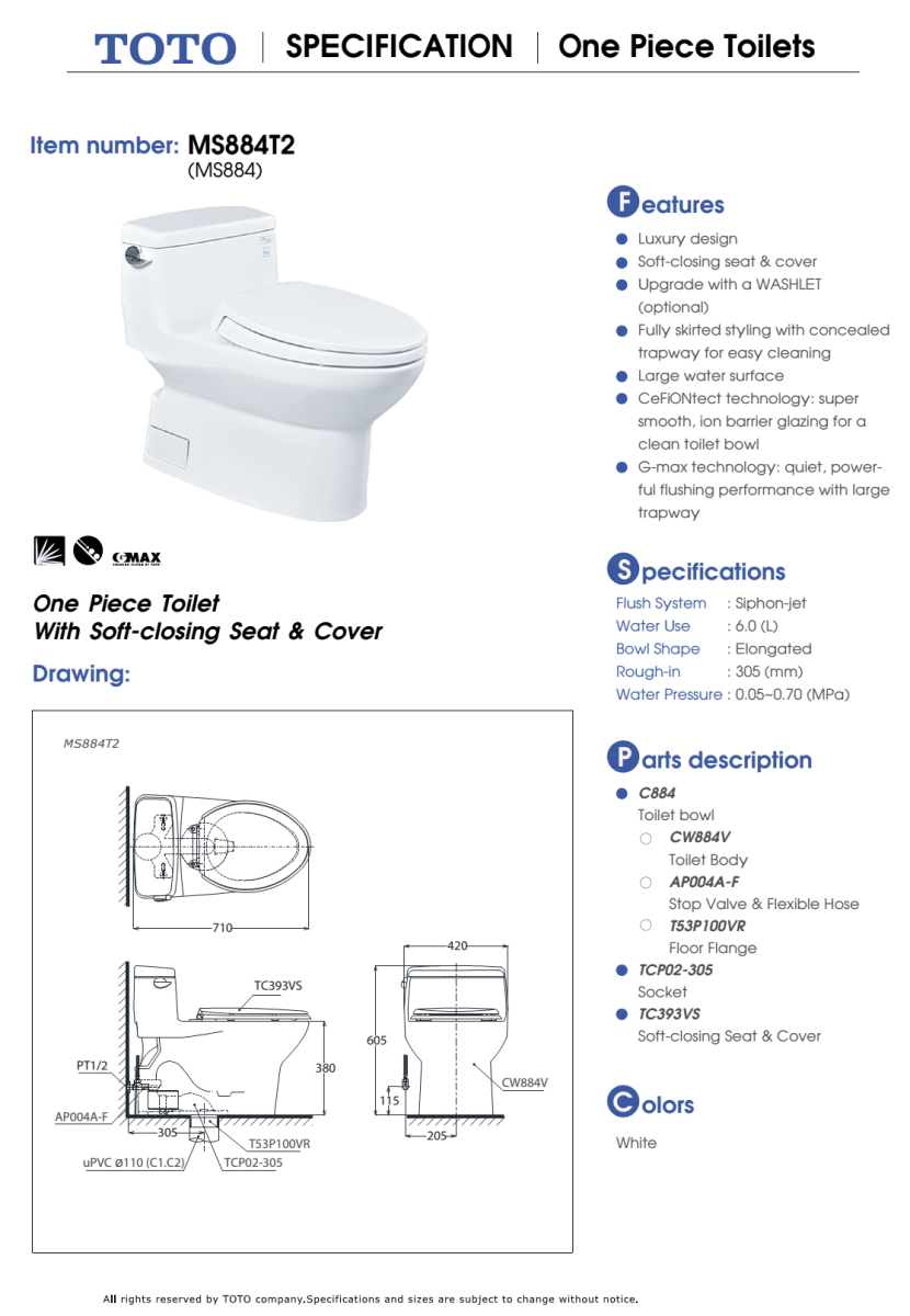 Bản vẽ kỹ thuật Bàn cầu TOTO 1 khối MS884T2 (MS884)