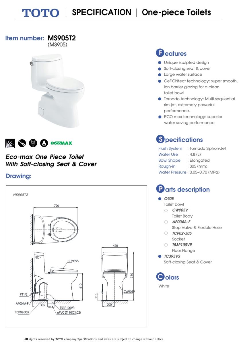 Bản vẽ kỹ thuật Bàn cầu TOTO 1 khối MS905T2 (MS905)