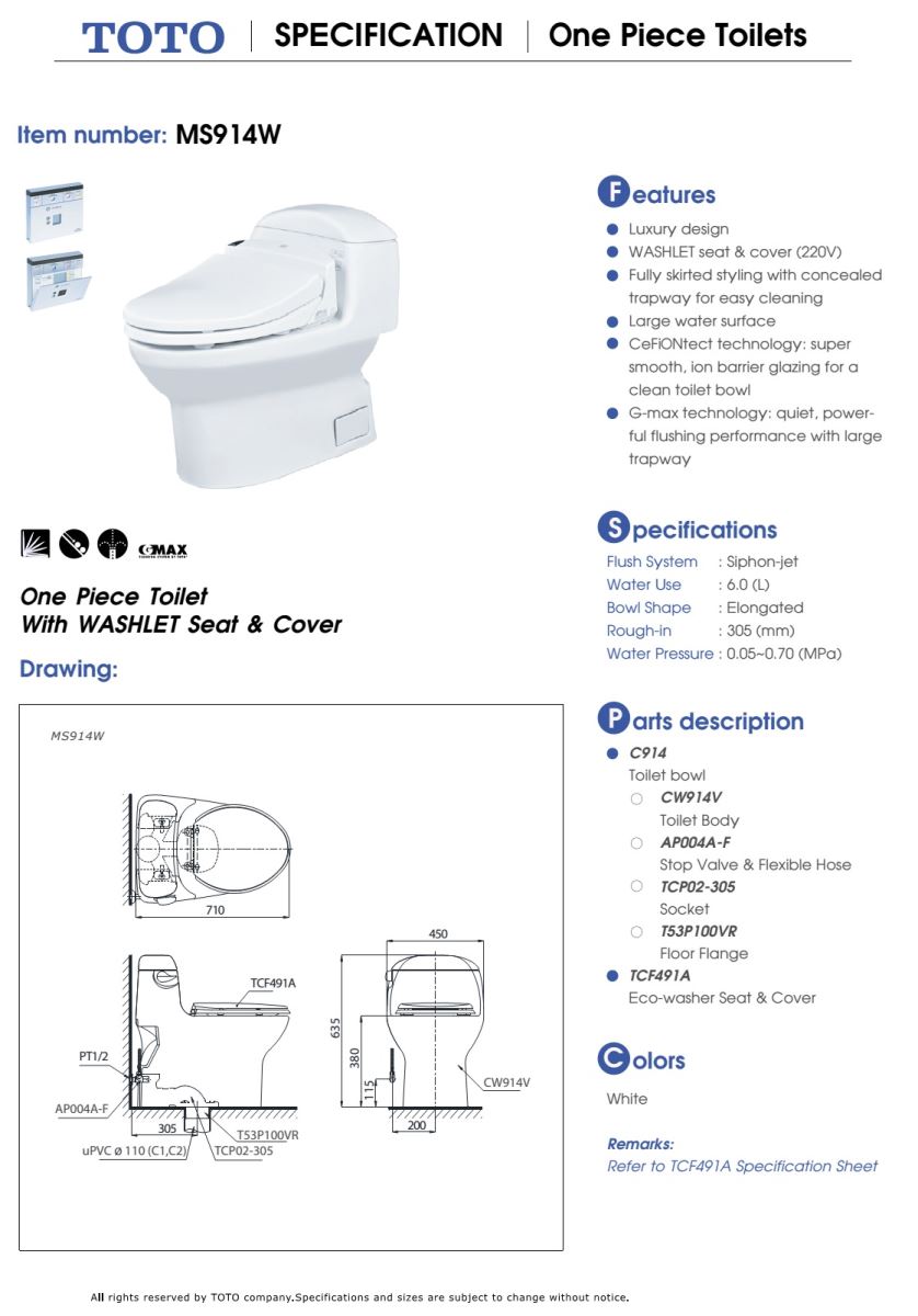 Bàn cầu TOTO nắp rửa WASHLET MS914W bản vẽ kỹ thuật